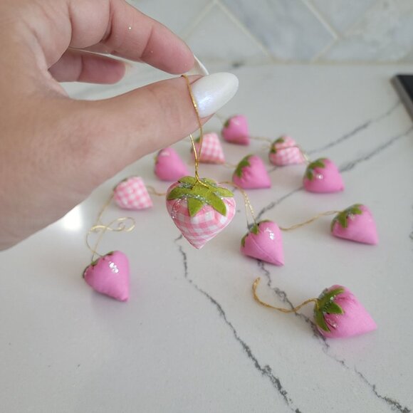 hand made fabric pink & checkered glitter strawberry hanging ornament Christmas - Picture 2 of 4